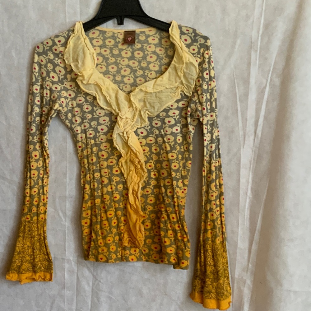 Language Yellow and Gray Floral Long Sleeve boho Top